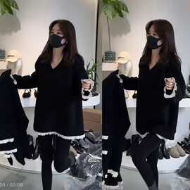 大码设计感v领蕾丝拼接下摆打底衫女冬季新款宽松慵懒风打底衫T恤