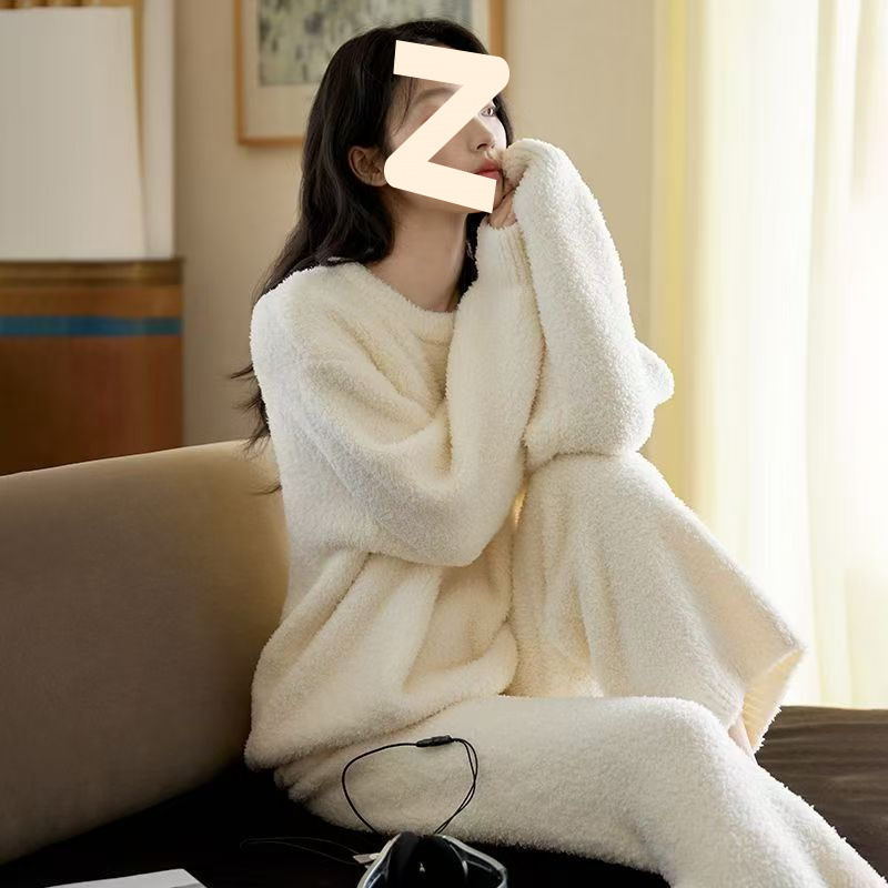 秋冬季半边绒睡衣女长袖长裤女士套头宽松加绒保暖家居服俩件套装