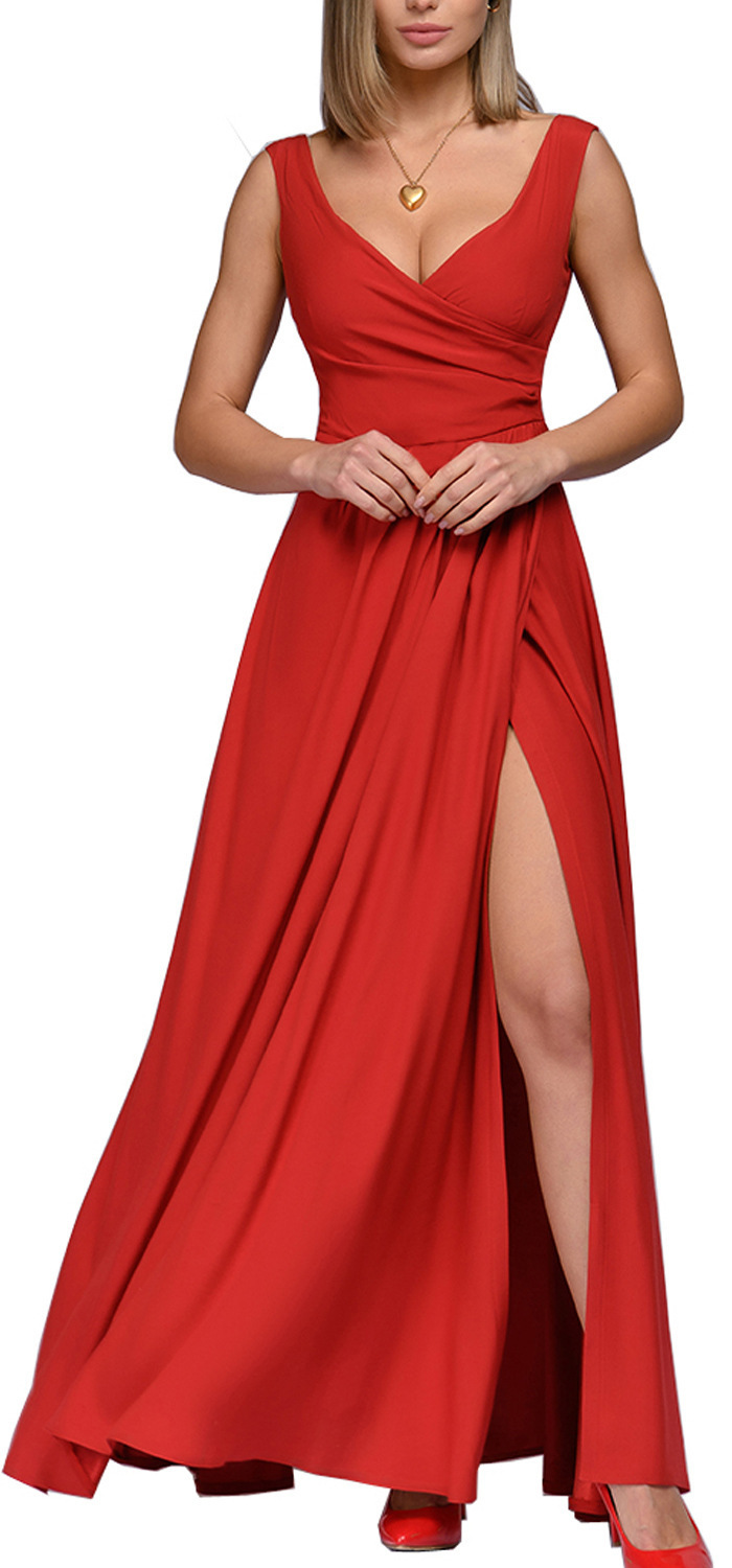 Femmes Robe De Fête Élégant Col En V Cuisse Fente Sans Manches Couleur Unie Maxi Longue Robe Banquet display picture 3