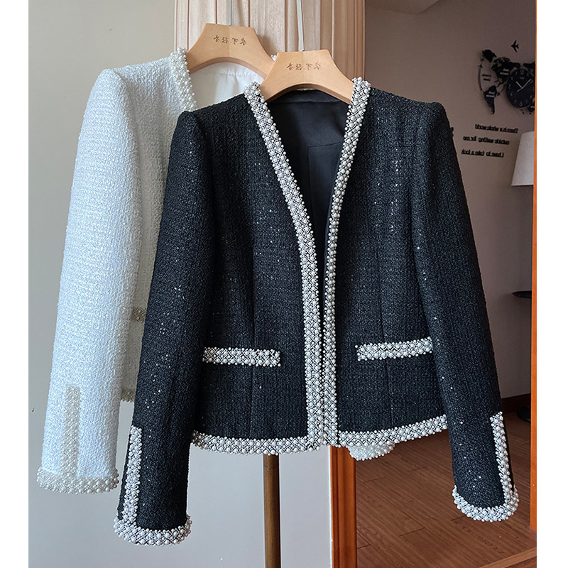 Celebrity Tweed Style! Heavy Industry Beading Fashionable Sequined Tweed Work Clothing Ol Woolen Suit Jacket for Women