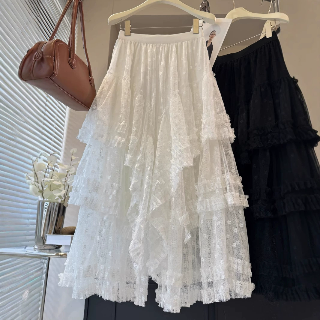 Белая кружевная юбка-тортик для женщин, летняя миниатюрная французская длинная юбка с высокой талией, асимметричная сетчатая пышная юбка трапециевидной формы