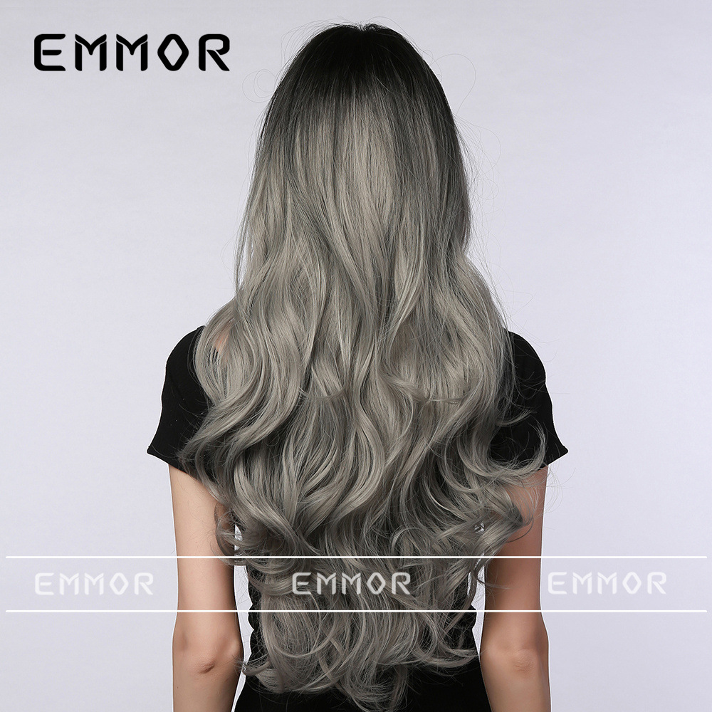Estilo europeo y americano Cosplay anime Bangs onda grande Pelo Rizado largo Halloween Navidad gradiente gris peluca