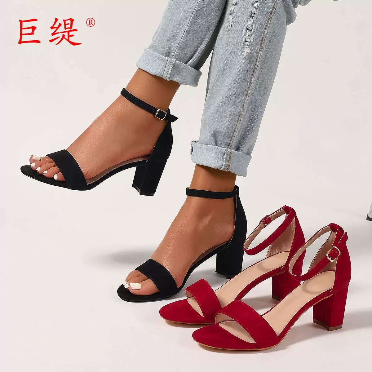 Juti в наличии, новые европейские и американские модные женские сандалии большого размера на массивном каблуке, внешняя торговля, женские сандалии на высоком каблуке с круглым носком и пряжкой, женские сандалии