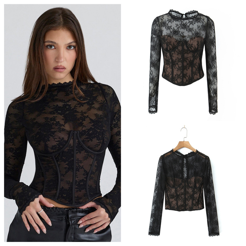 Nssf Self-Made European and American Style New Women's Fashion Sexy See-Through Crochet Lace Base Shirt with Waist Cinching Top