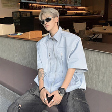 拉链垫肩衬衫男短袖夏季高级感痞帅工装衬衣设计感潮牌五分衬衫