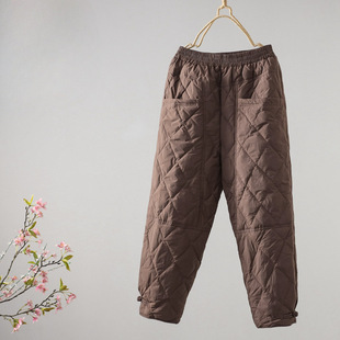 2024 Winter New Artistic Retro Solid Color Rhombic Cotton Pants Windproof Warm Thickened Loose Casual Haren Pants for Women