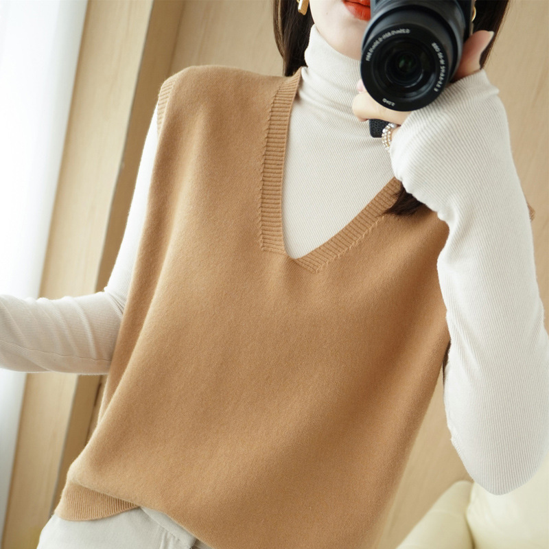 A principios de otoño de punto de las mujeres Chaleco con cuello en V suelta desgaste exterior sin mangas chaleco superior casual estilo perezoso suéter al por mayor