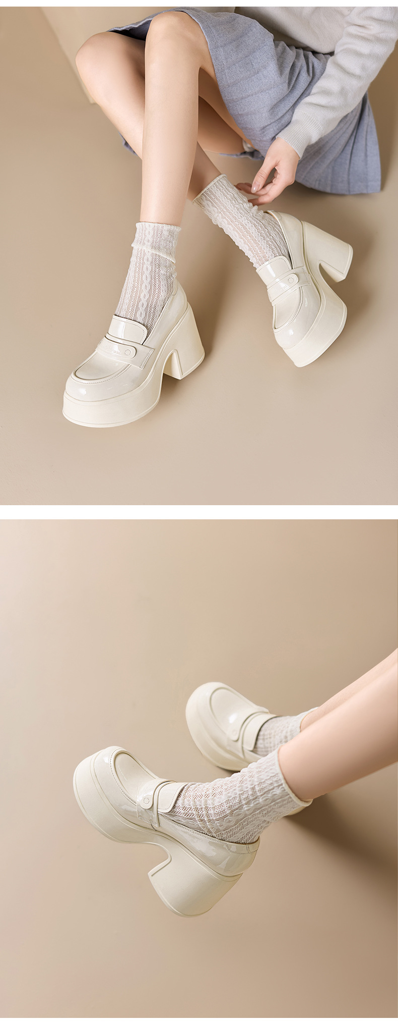 Giày loafer nữ gót vuông cao 10 cm da thật cổ sâu phong cách JK — màu đen, màu trắng ngà chi tiết 6