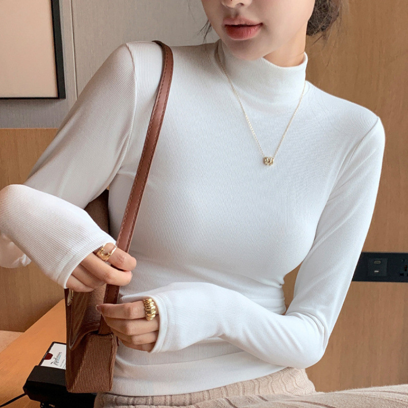 磨毛半高领打底衫女春秋冬修身小立领内搭紧身长袖恤女洋气上衣