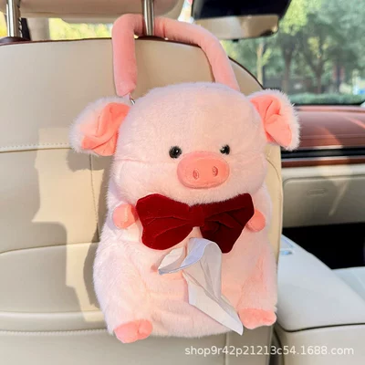 Car tissue box/set Plush Animal Doll Car Seat - burgundy-bow-piggy-tissue-box