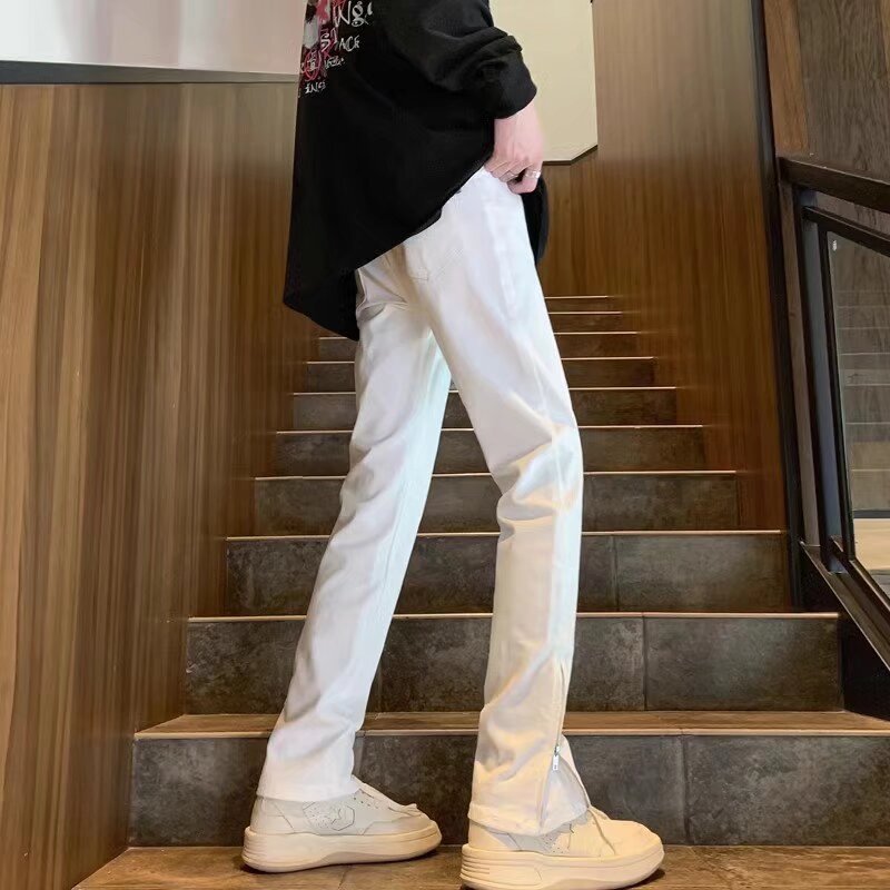 White Slim-fit Jeans Men's Autumn American Style Pants Ruffian Handsome Zipper Split Fork Lift Slightly Straight-leg Pants_mkmklike.com
