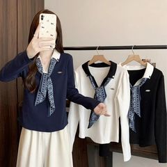 2025秋季新款遮肚设计感polo领丝巾长袖T恤女收腰显瘦打底衫上衣