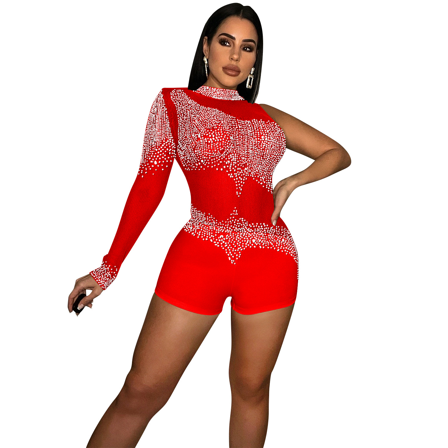 C5841 transfronteriza nueva AliExpress moda europea y americana sexy apretado club nocturno mono Perspectiva de malla de manga única para las mujeres image 8