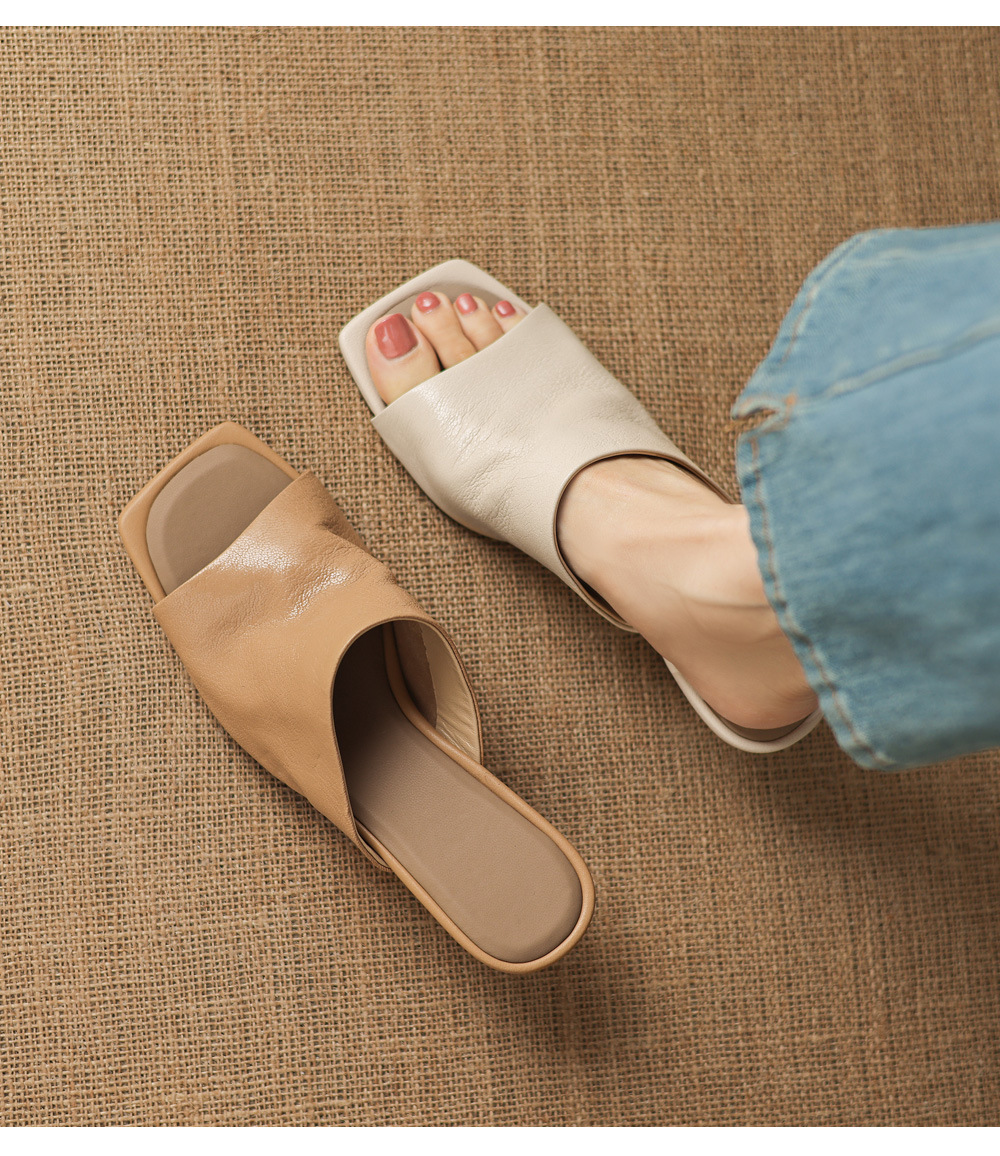 Sandal cao gót nữ mũi hở da cừu siêu mềm, quai ngang, gót xuồng 5 cm, phong cách Pháp — Trà sữa màu, màu trắng ngà chi tiết 13