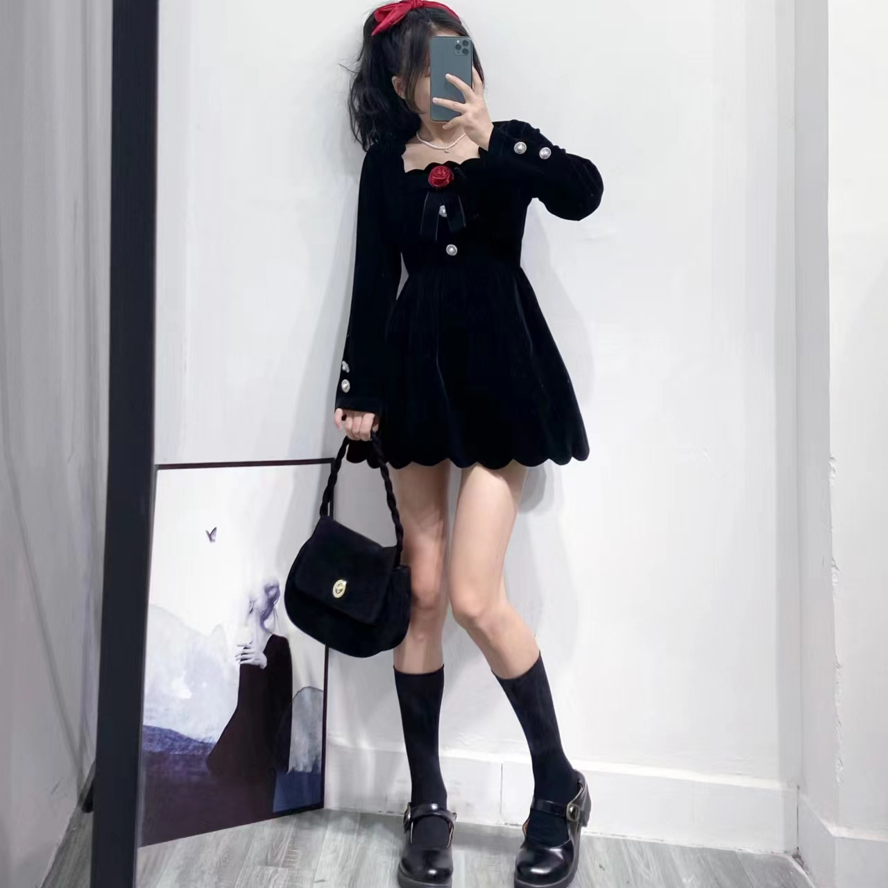 小个子冬装搭配洋气矮个子赫本风小黑裙高腰显高显瘦连衣裙女秋冬