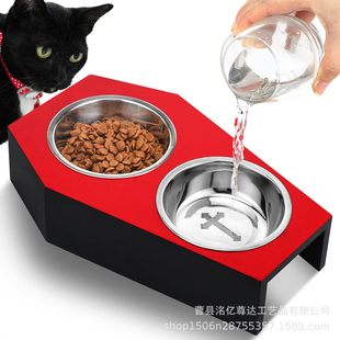 Gothic Coffin Shape Cat Bowl Rack Halloween Cat Drinking Water Feeder Wooden Novelty Skull Cat Food Bowl