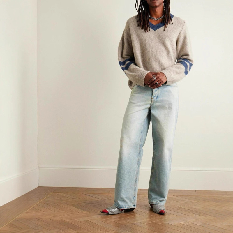 Erd Grjkd Melancholic Rich Second-Generation American High Street Rolled Edge Sweater Worn and Distressed Short Large V Neck Trendy for Men and Women