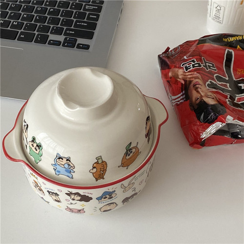 Ins style cute cartoon instant noodle bowl with lid large capacity Japanese girly heart ceramic bowl breakfast bowl household tableware