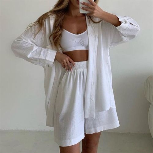 Summer and autumn European and American cotton and linen new style solid color single-breasted long-sleeved shirt loose fashionable casual shorts set