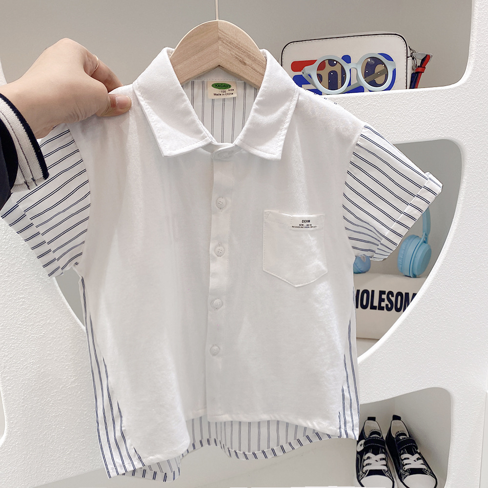 Verano nueva camisa de manga corta 2023 ropa para niños camisa de retazos de punto para bebés de niños medianos y grandes camisa de moda para niños