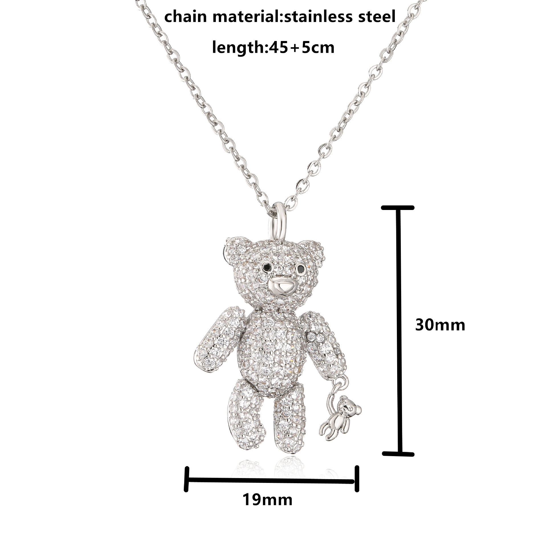 Full Diamond Bear Copper Necklace Micro Inlaid Zircon Cute Bear With Little Bear Pendant Necklace display picture 4