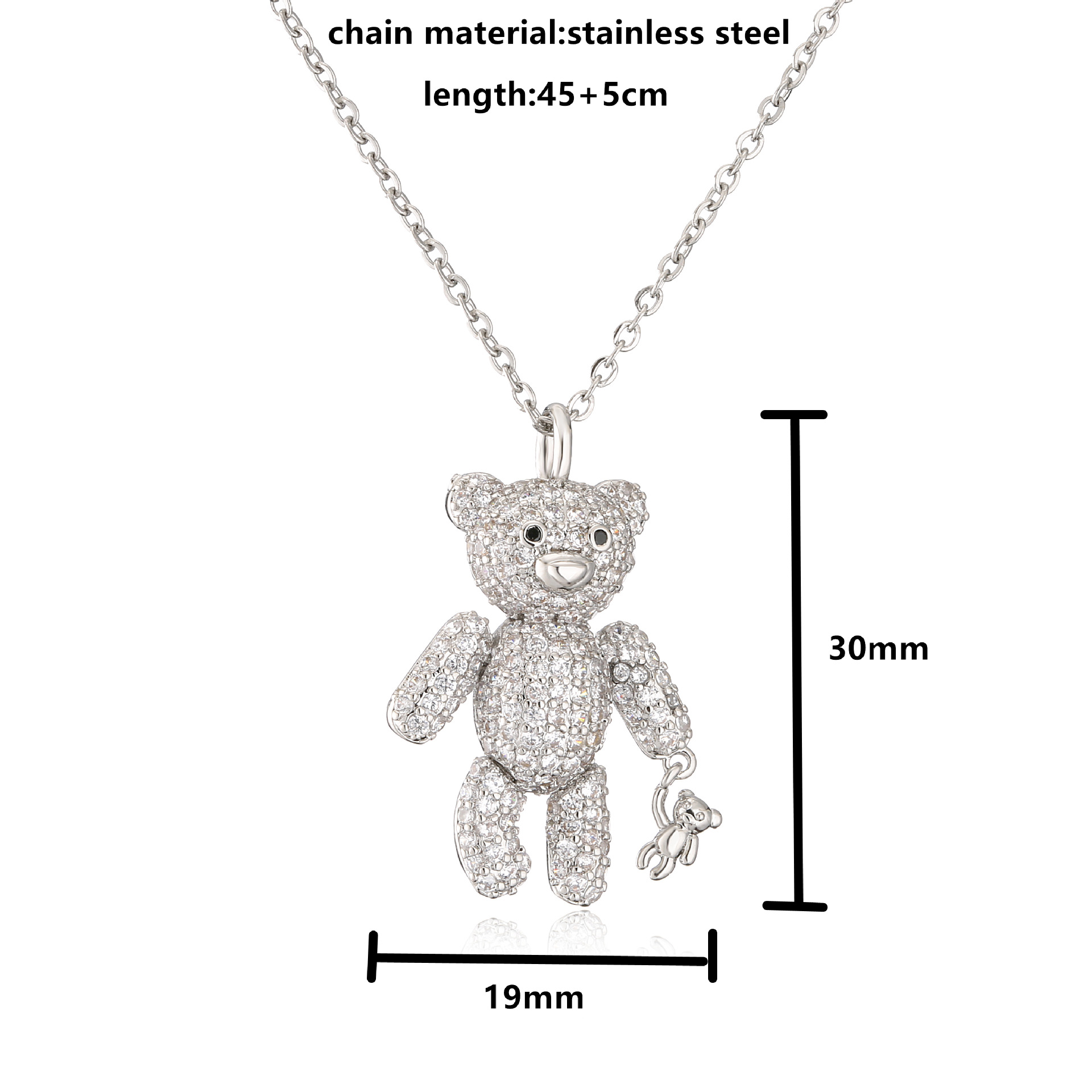Full Diamond Bear Copper Necklace Micro Inlaid Zircon Cute Bear with Little Bear Pendant Necklace