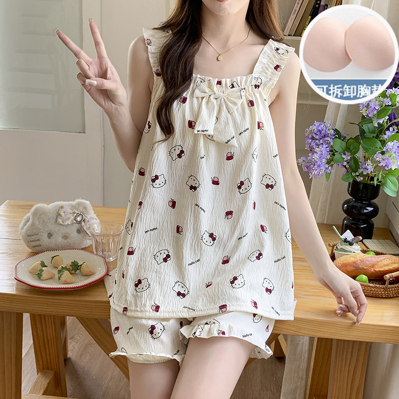 Pajamas for Women Summer 2025 New Sweet and Cute Loose Girl with Breast Pad Suspenders Dormitory Home Wear Set