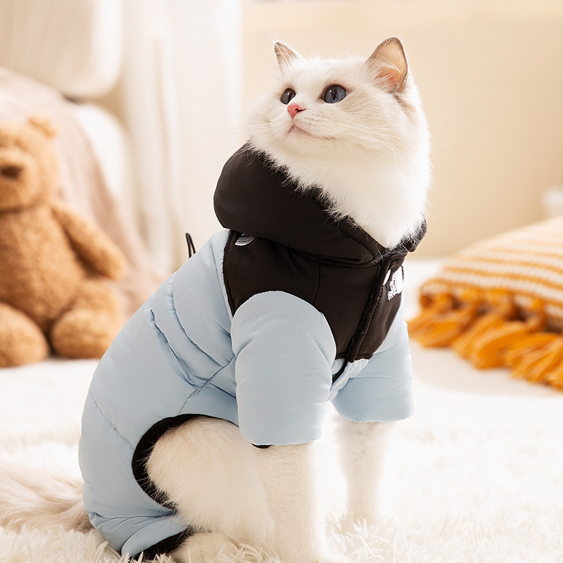 Otoño y invierno gatos sin pelo gatos simple calor de contraste de color empalmado capuchón ropa de algodón de cuatro patas Teddy perros ropa de mascotas