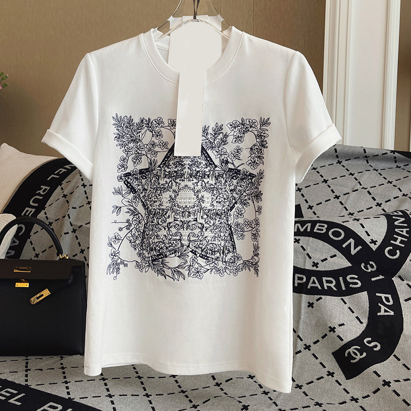 Spot Nanyou High-Quality Goods Exquisite Heavy-Duty Water-Soluble Flower + Embroidered Cotton T-Shirt Summer Casual Versatile Short-Sleeved Top for Women