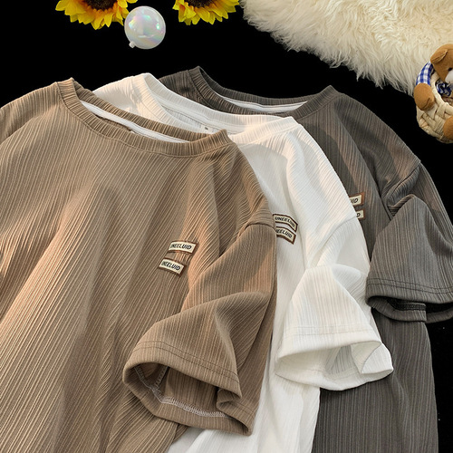 Simple and Breathable Ice Silk Striped Label Short Sleeve T-Shirt for Men - Summer Loose Simple Versatile Basic Crew Neck T-Shirt