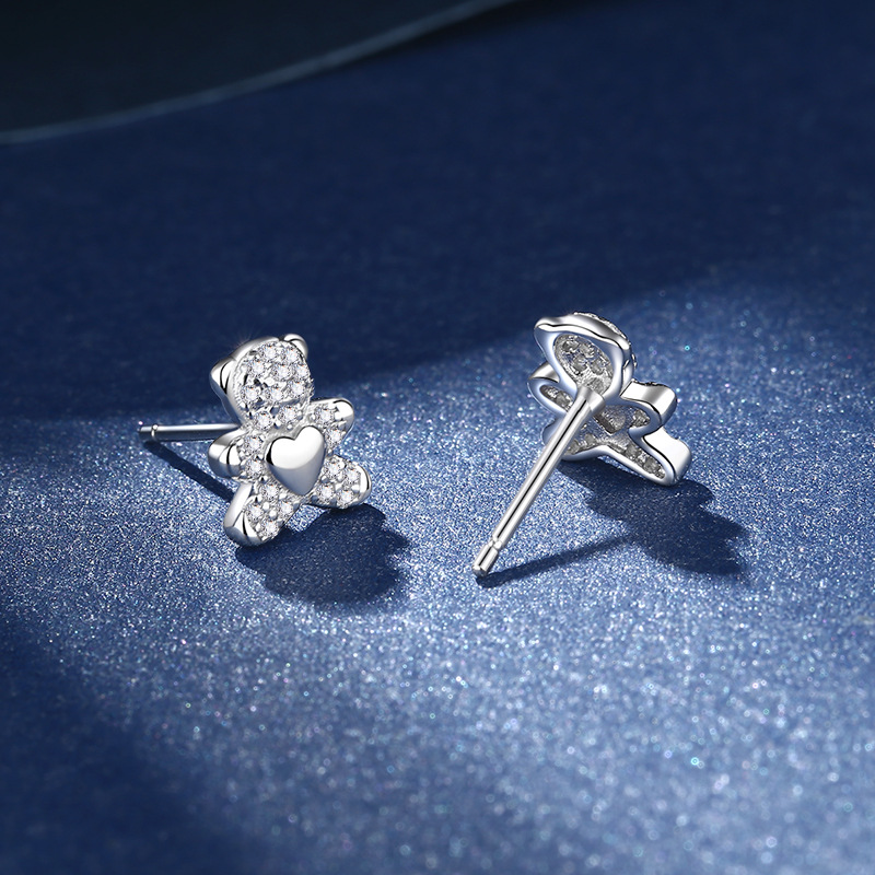 1 Pair Quantity Daily, Shopping Occasion 1 Pair 925 Sterling Silver Bear Heart Shape Ear Studs