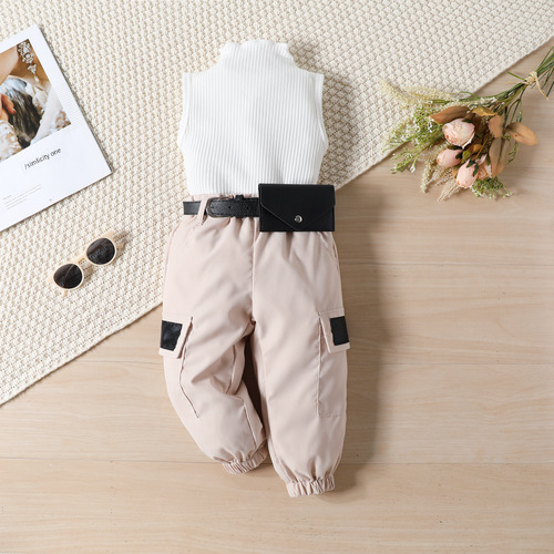 Women's and Girls' Summer Outwear Set , Solid Color Tank Top and Work-style Ankle Pants with Belt + Bags Multi-piece Set