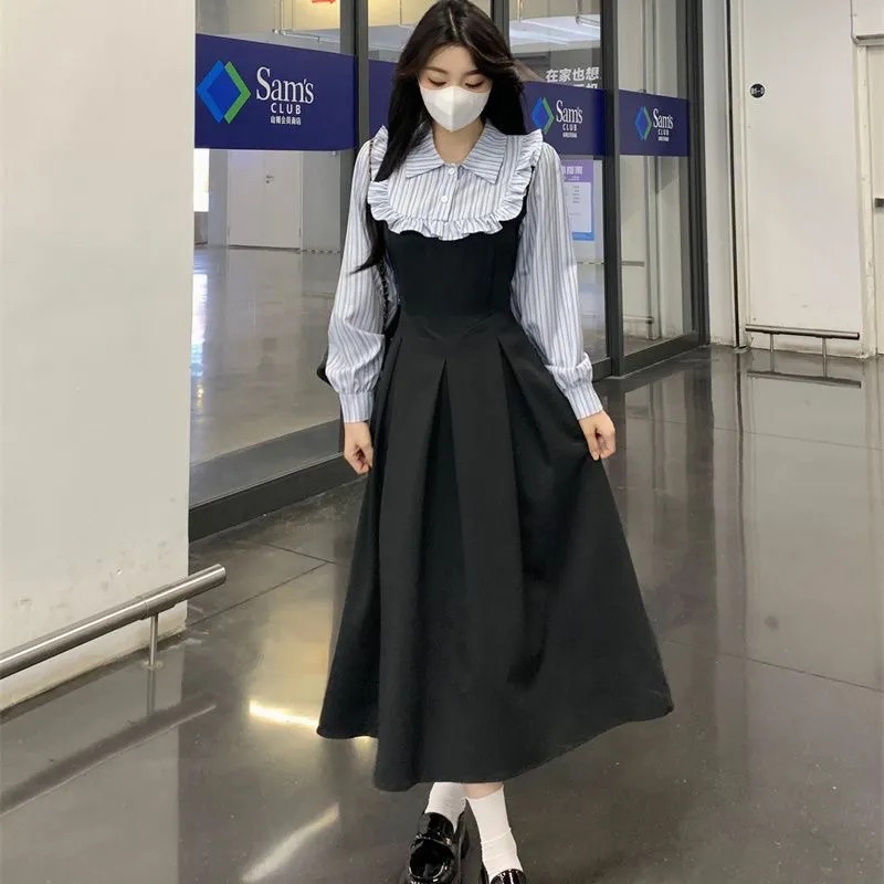 (2개) 플러스 사이즈 프랑스 가짜 투피스 원피스 여성 가을 헵번 스타일 우아한 작은 검은 원피스 통통녀 소외된 슬림 룩 원피스