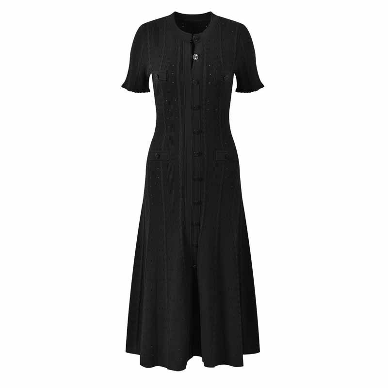 Women's European American Style Knitted Dress Simple Elegant Summer Single-Breasted Hollow out Slim Fit Temperament Long Dress_ecoleips.com