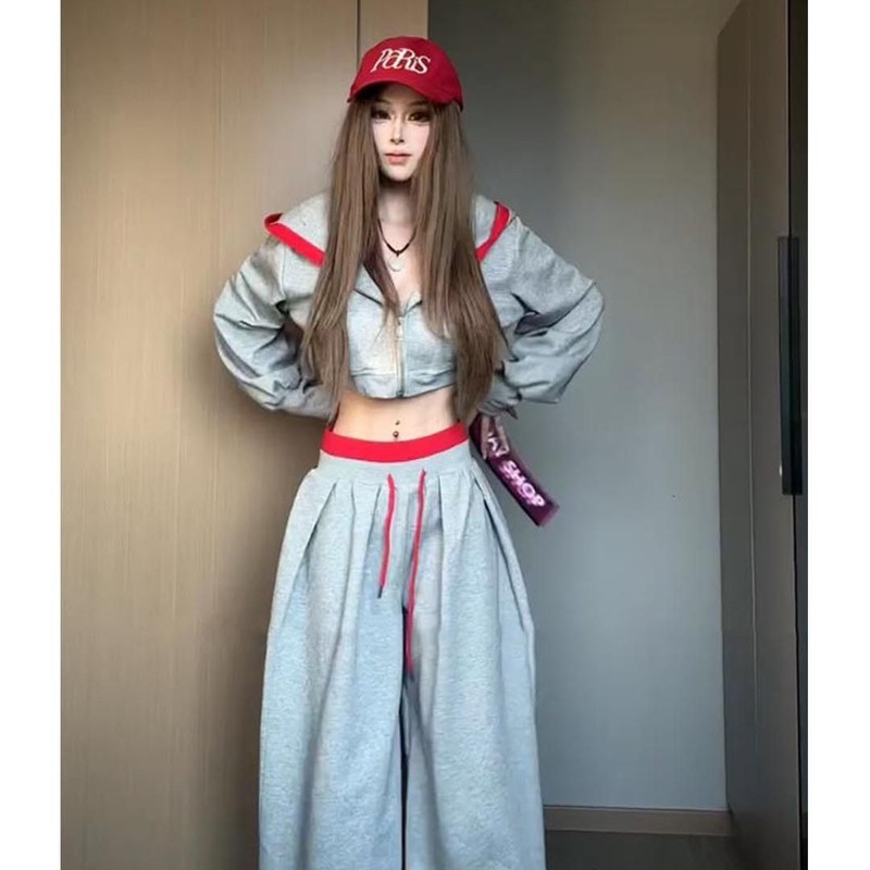 美式辣妹风高级卫衣连帽睡衣女早秋新款松弛感拼接休闲家居服套装|undefined