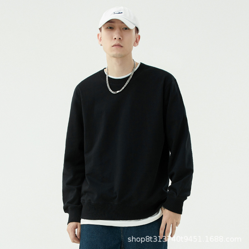 Chaqueta de manga larga con cuello redondo de rizo para otoño e invierno, de algodón puro, sin formación de bolitas, con hombros caídos, camisa publicitaria, ropa de trabajo, sudadera con impresión de logotipo personalizado.