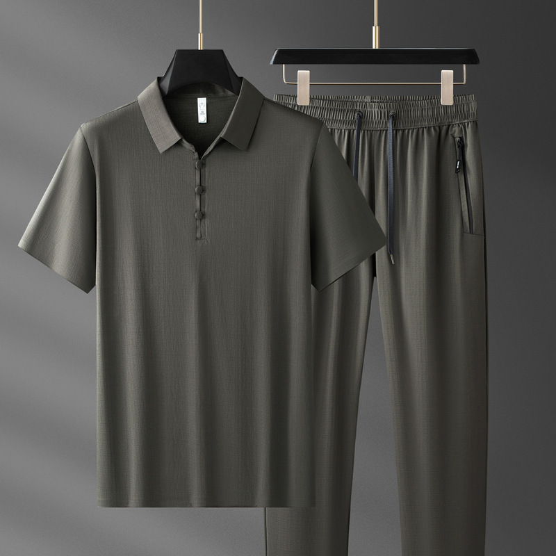 Brand Casual Suit for Men, Summer Thin Style, Fashionable Loose Fit, Ice Silk Short-Sleeve, Elastic Waist, Long Pants Two-Piece Set