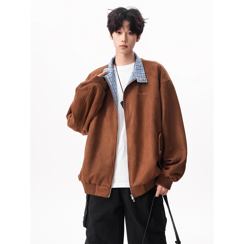 American Plaid Splicing Suede Jacket for Men and Women, Autum New Air Layer Casual Baseball Uniform Jacket Top