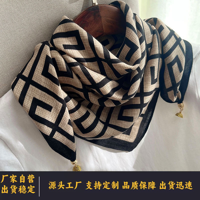 新作綿麻65磁気留め具付きスクエアスカーフ、多用途シルクスカーフ、ネックウォーマー、おしゃれで高級感のあるレディース秋冬定番シルクスカーフ|undefined