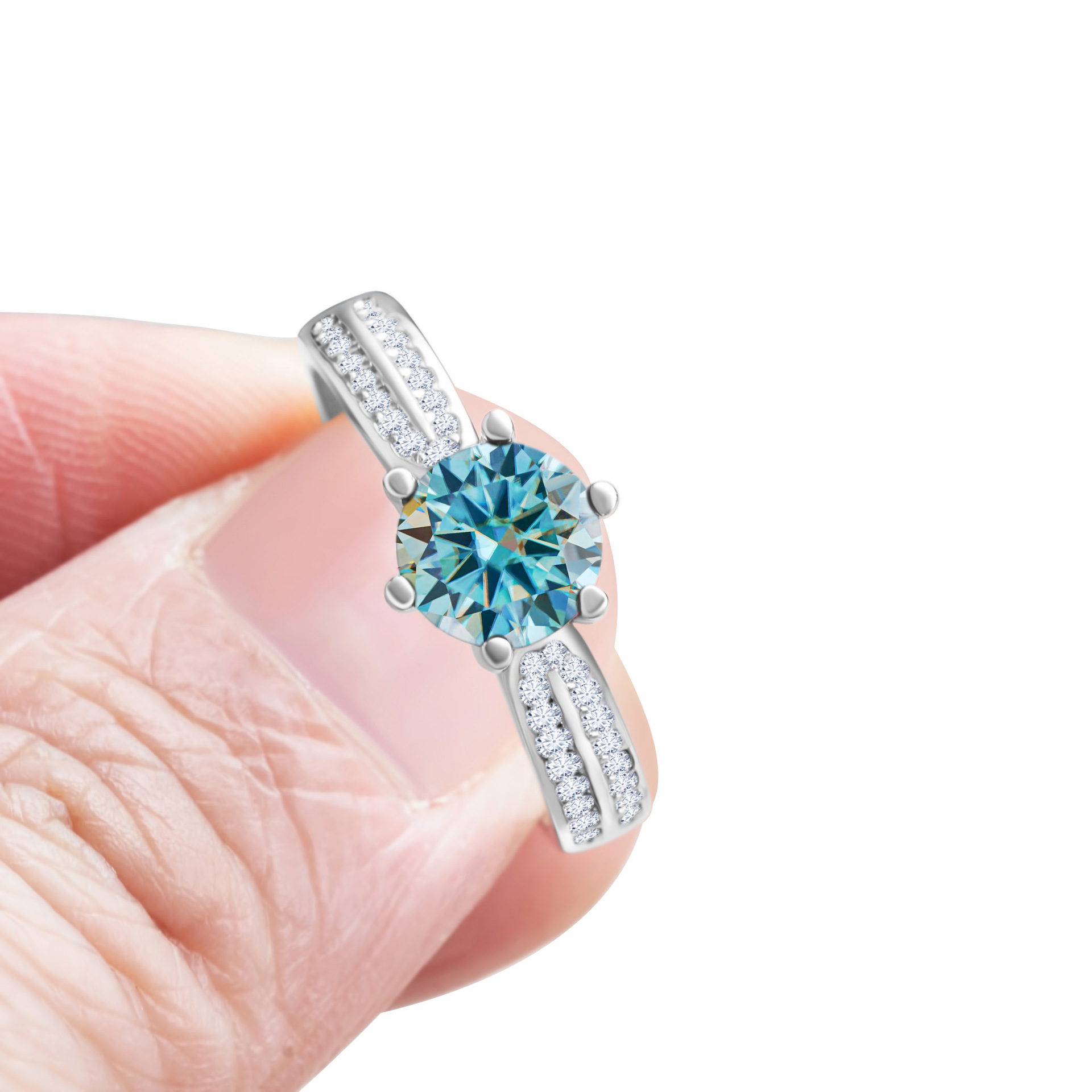 Anillo de piedra de moissan azul de matrimonio de plata esterlina de seis garras de diamante de moissan joyería de mujer joyería de la reina de las estrellas
