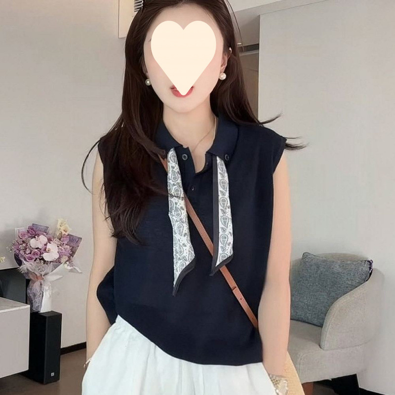 네이비 블루 탑 (실크 스카프 포함) 원본 품질 및 고품질