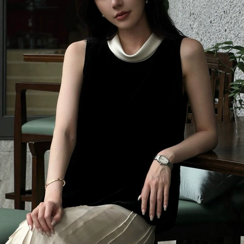 Yeyiji Silk Mulberry Silk Sleeveless Top for Women, Light Luxury and High-End Feel, Summer Black Velvet Vest