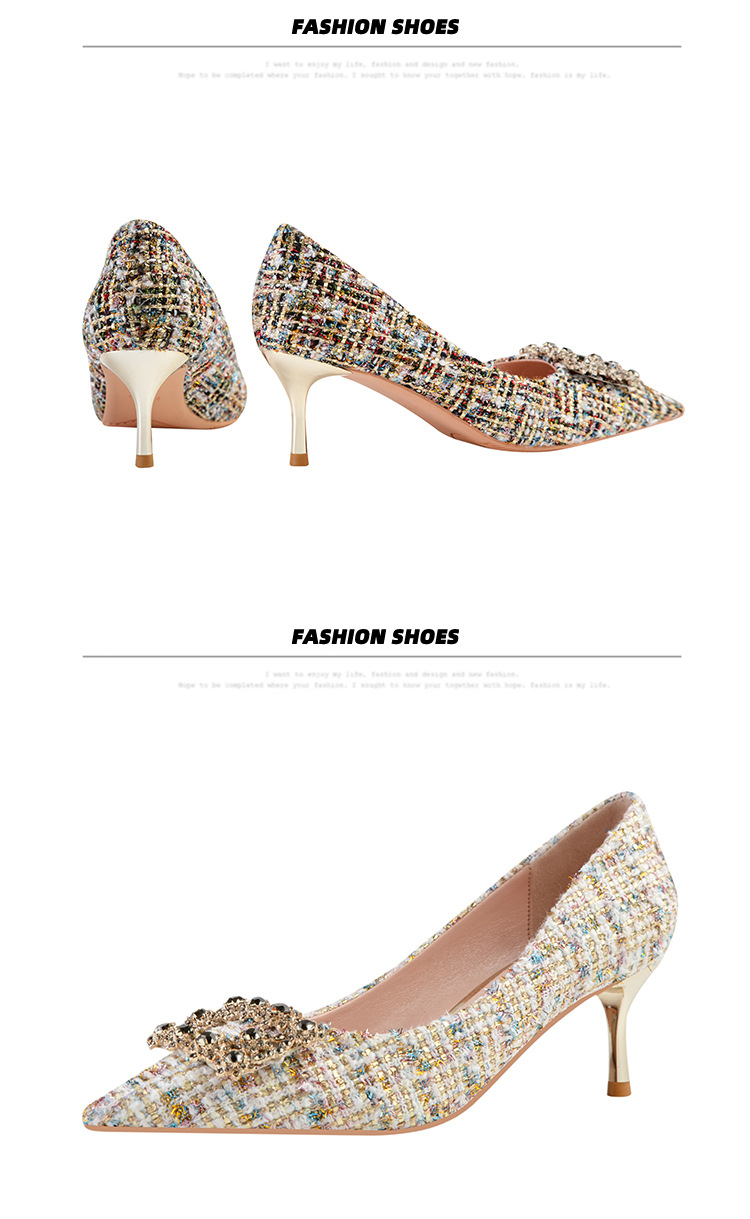 Fashion sexy slim high heels slim heels High heels shallow-cut pointe sparkling rhinester buckle women's single shoes_voghion.com