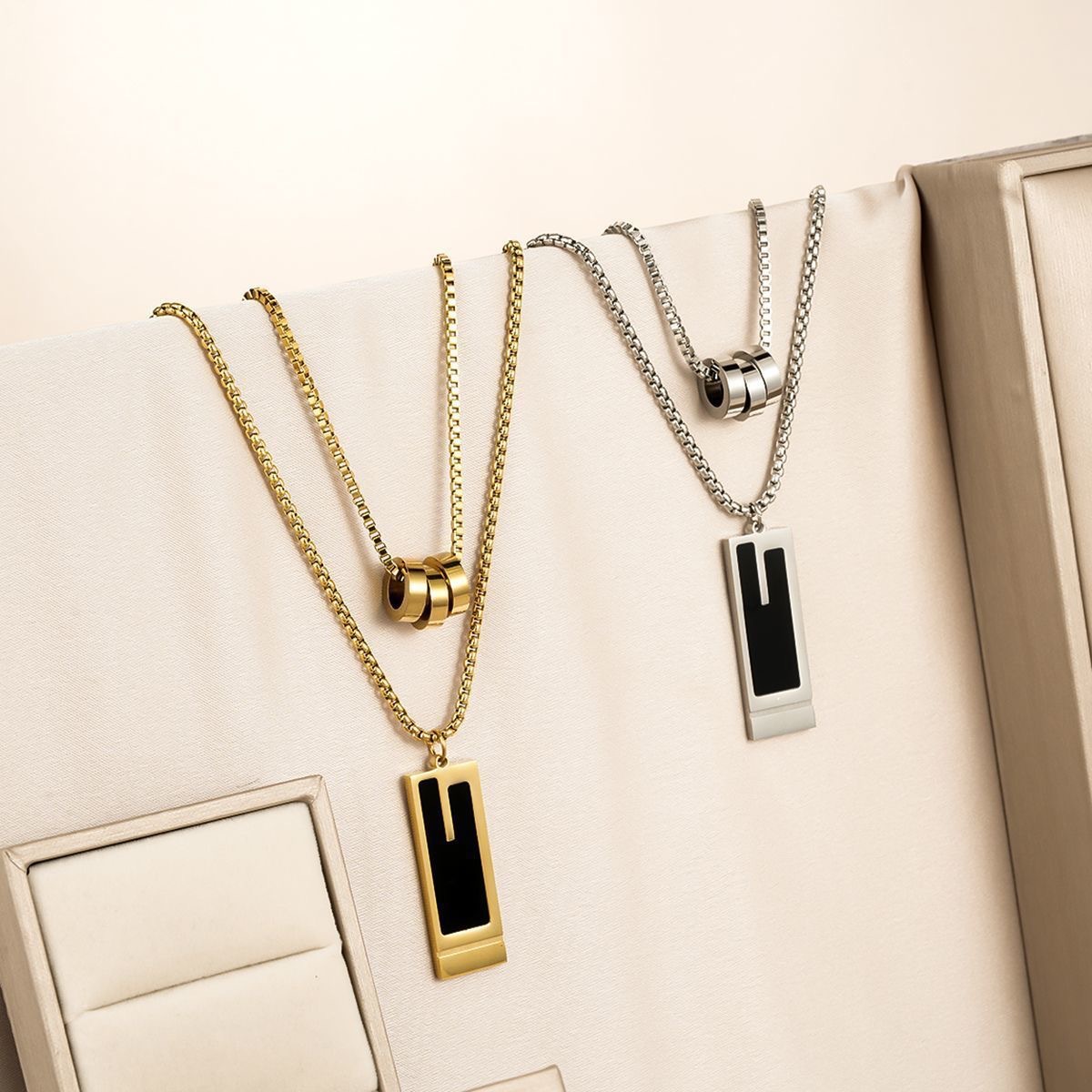 Fashionable Sophisticated Long With Three Rings And Double-layered Square Pendant, Unisex Titanium Steel Necklace That_voghion.com