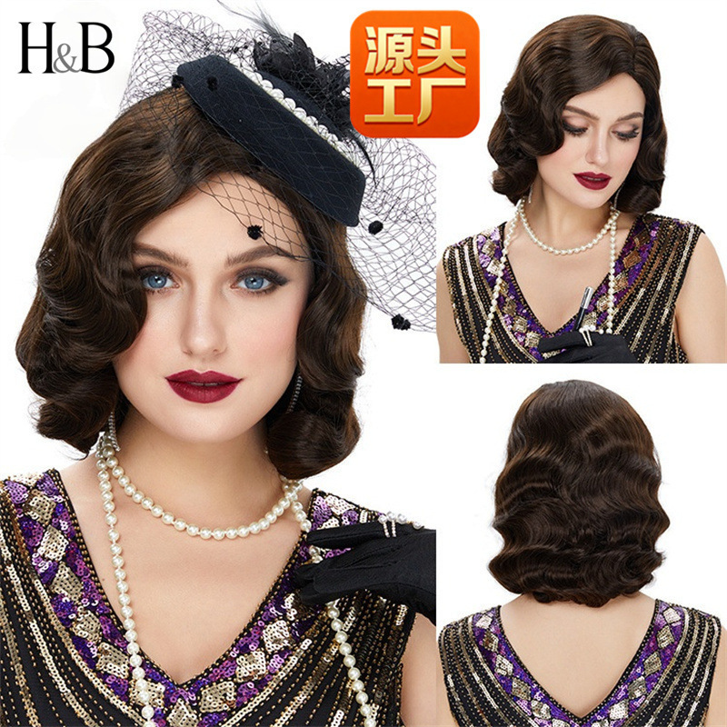 1920S Vintage Water Wave Wig from Europe and America, Cross-Border Antique-Style Hand-Waved Synthetic Women's Full Wig