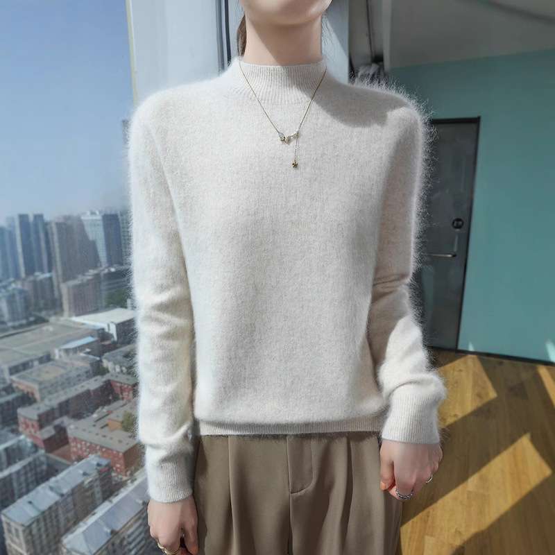 25 spring and autumn new mink velvet half high collar sweater solid color loose soft waxy pullover warm base shirt sweater inside