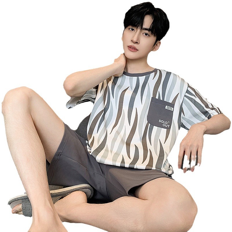 2024 algodón de punto de verano 6535 hombre cuello redondo mangas cortas pantalones cortos pijamas sueltos ropa casera casera