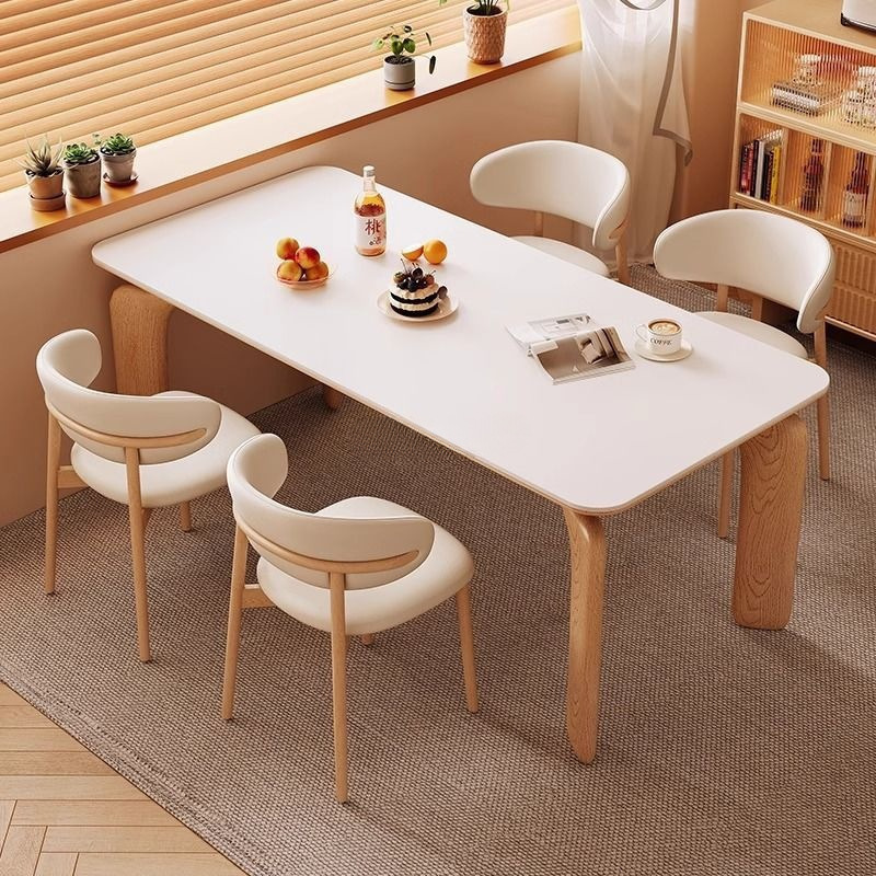New Modern Cream Nordic Style Simple Slate Light Luxury Dining Table Dining Table and Chair Combination Small Apartment Wood Grain Full Support
