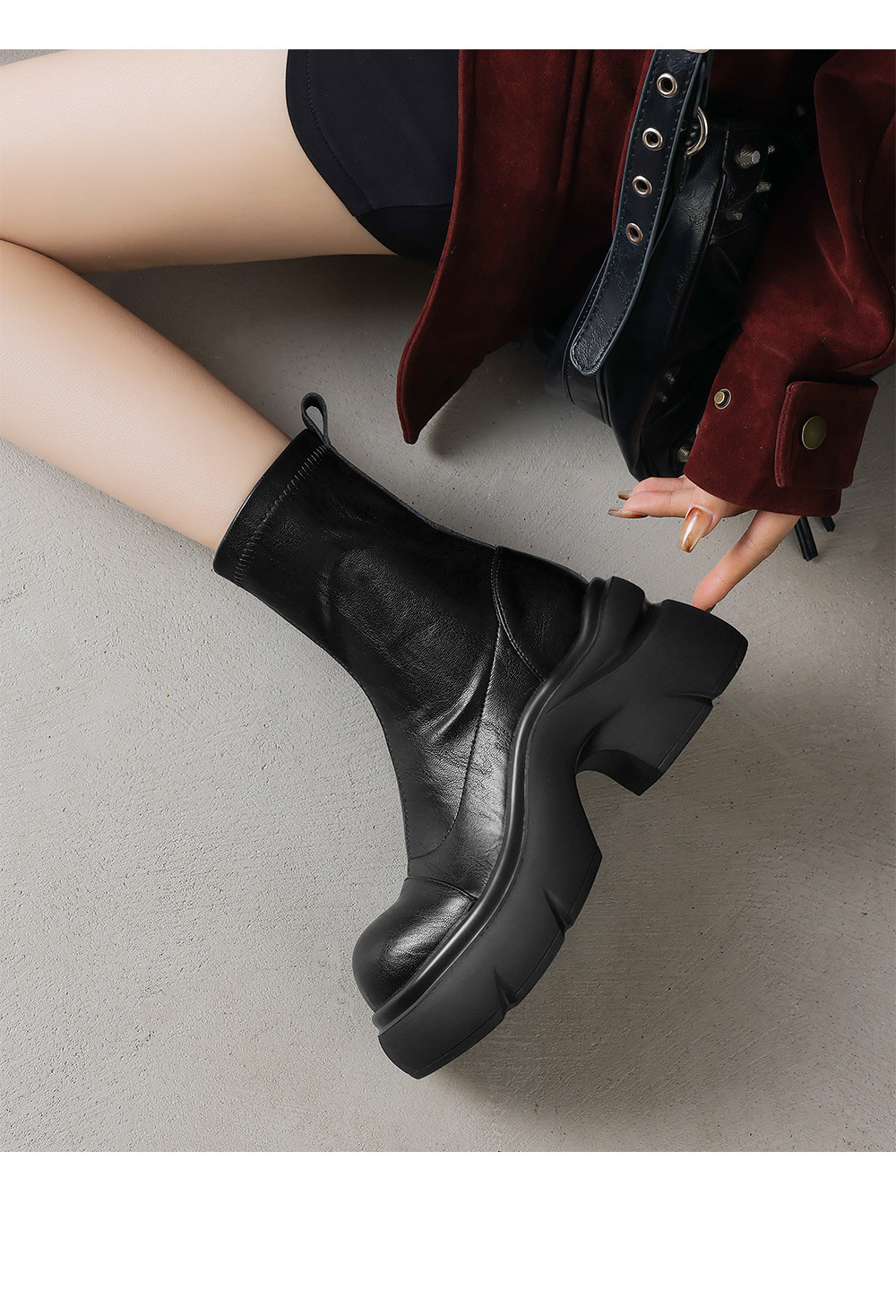 Boot nữ cổ thấp đế dày gót vuông co giãn da thật mùa thu đông — Lớp lót nhung màu nâu, nhung đen, Li đơn màu nâu, Lớp lót đơn màu đen chi tiết 9