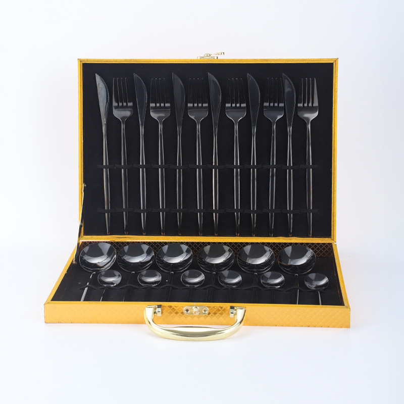 Amazon popular vajilla de acero inoxidable 24 unidades traje Portugal cuatro piezas principales comida occidental cuchillo, tenedor y cuchara caja de regalo traje